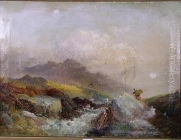 Faggot Gatheringbeside A Rocky Stream Oil Painting by Joseph Horlor