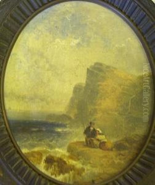 Two Figures On A Rocky Shore, Oval Oil Painting by Joseph Horlor