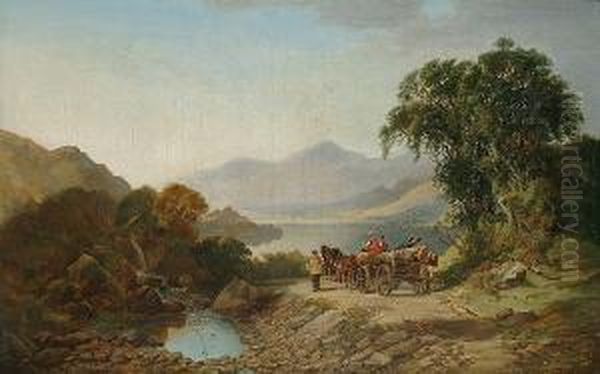 A Log Team In An Extensive Landscape Oil Painting by Joseph Horlor