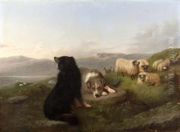 A Collie And Flock On A Mountain Ridge Oil Painting by Joseph Horlor