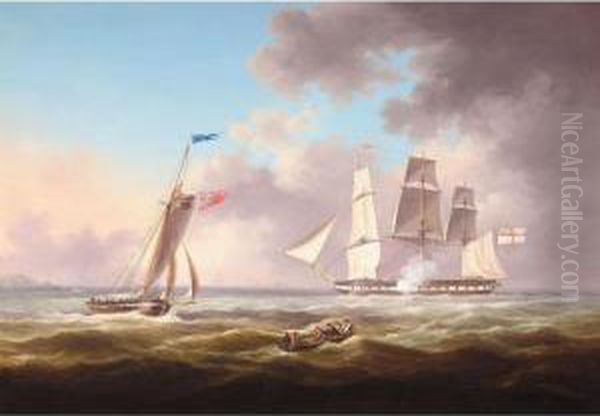 An English Frigate And Other Vessels In A Choppy Sea, Possibly Off Guernsey Oil Painting by Thomas L. Hornbrook