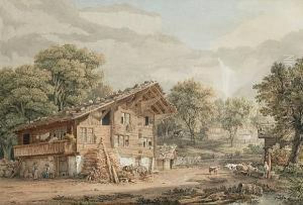 A Swiss Chalet Oil Painting by Friedrich Horner