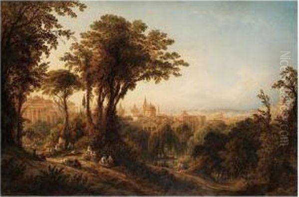 A View Of Rome, With Peasants Resting By Trees In The Foreground Oil Painting by Friedrich Horner