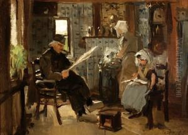 Reading Man And Child In An Interior Oil Painting by Hendrik Horrix