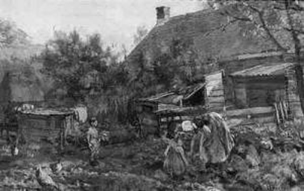 A Peasant Woman And Children In A Kitchen Garden Oil Painting by Hendrik Horrix