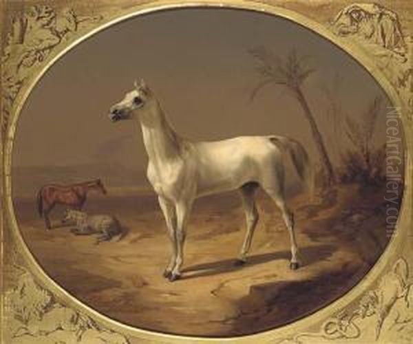 A Grey Arabian Horse Oil Painting by Theodore Horschelt