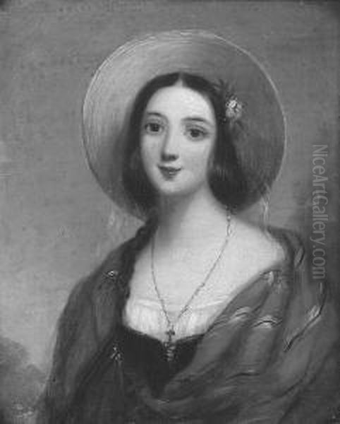 A Portrait Of A Young Girl, A 
Red And Gold Shawl Around Her Shoulders And Wearing A Bonnet And A 
Flower In Her Dark Hair Oil Painting by John Callcott Horsley