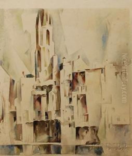 Cubist Villagewith Church Tower Oil Painting by Earl Horter