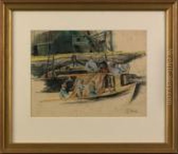 Charcoal And Pastel Harbor Scene Oil Painting by Earl Horter