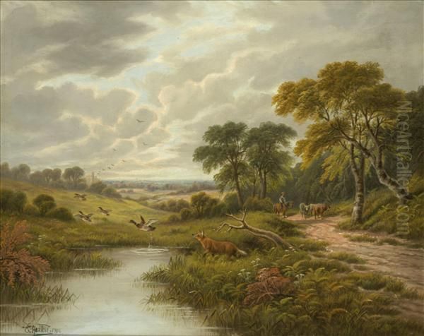 A Fox Putting Up Duck In A River Landscape Oil Painting by Etty Horton