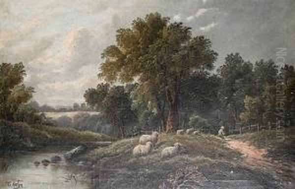 A Shepherd Resting On A Riverbank; A Cottagein A River Landscape, A Pair Oil Painting by Etty Horton