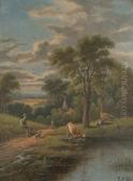 A Girl In A Landscape; Cattle Watering With Figures Nearby Oil Painting by Etty Horton