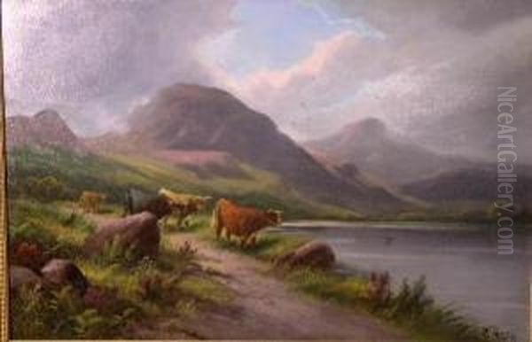 Highland Cattlebeside Loch Oil Painting by Etty Horton