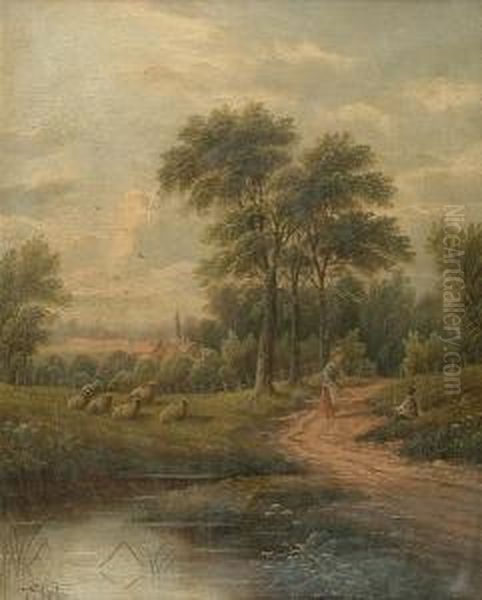 Country Landscape With Children On A Track, Sheep And A Pond In The Foreground Oil Painting by Etty Horton