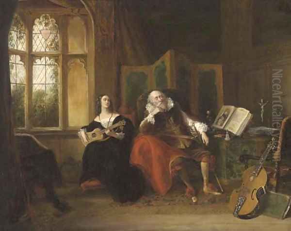 On her Spanish guitar, she played a ditty which lulled her old guardian to sleep Oil Painting by John Cawse