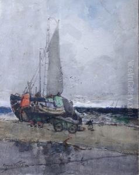 Dutch Fishing Boat And Figures On Theshore Oil Painting by George Edward Horton