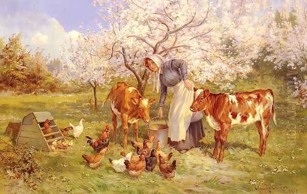 Feeding Time In The Orchard Oil Painting by Claude Cardon