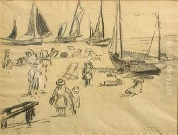 Jetty; Sailboats, England; Tents On The Beachwith Children (a Group Of Three) Oil Painting by William Samuel Horton