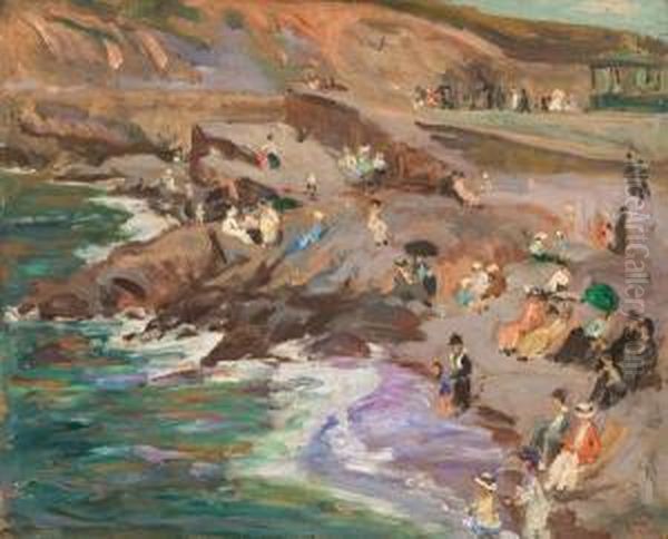 ''vagues, Rochers Et Petites Personnes Sur La Plage'' Oil Painting by William Samuel Horton