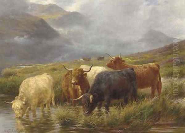 Highland cattle watering Oil Painting by Claude Cardon