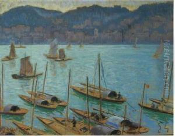 Junks In Hong Kong Harbor With A View Of Kowloon Across Thewater Oil Painting by William Samuel Horton