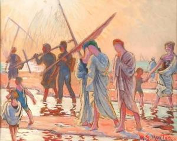 Draped Figures And Children On Beach Oil Painting by William Samuel Horton