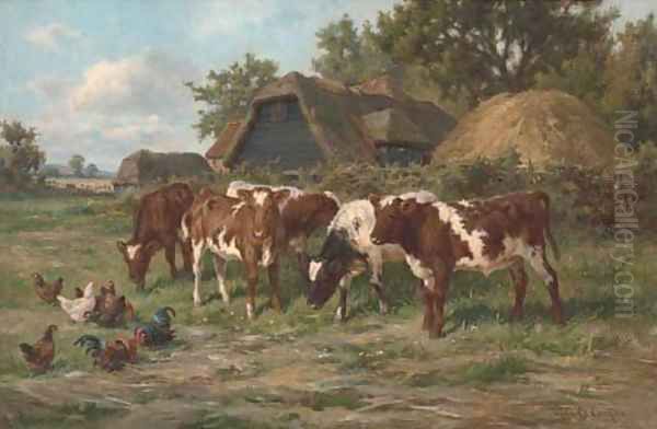 Calves and poultry by a farm Oil Painting by Claude Cardon