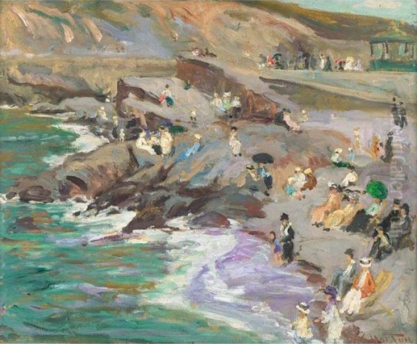 Vagues, Rochers, Et Petits Personnes Sur La Plage Oil Painting by William Samuel Horton