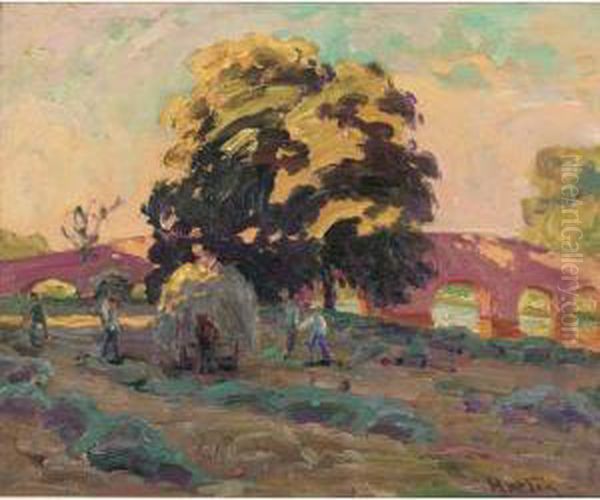 Haymakers- A Tree And A Red Bridge Somewhere In England Oil Painting by William Samuel Horton