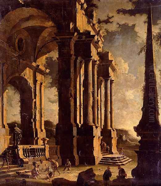 A Capriccio Of Classical Ruins With Figures Oil Painting by Leonardo Coccorante