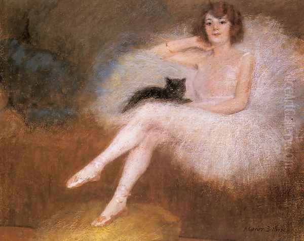 Ballerina with a black Cat Oil Painting by Pierre Carrier-Belleuse