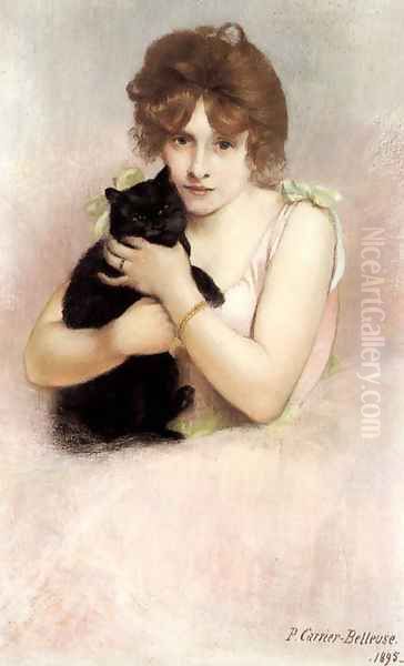 Young Ballerina holding a Black Cat Oil Painting by Pierre Carrier-Belleuse