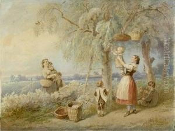 Zwei Mutter Mit Ihren Kindern Bei Der Kirschernte Oil Painting by Theodor Hosemann