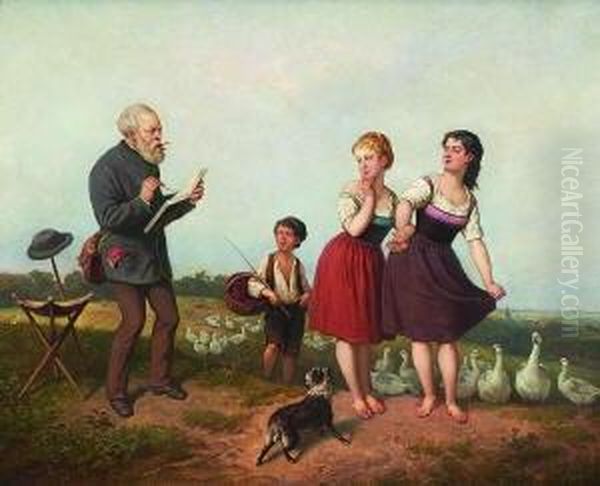 Ein Maler, Der Zwei Landmadchen In
 Sein Skizzenbuch Zeichnet. Oil Painting by Theodor Hosemann