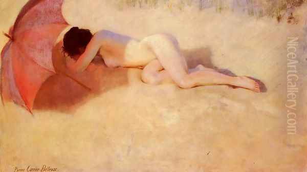 Nu Sous Un Parasol (Nude under a Parasol) Oil Painting by Pierre Carrier-Belleuse