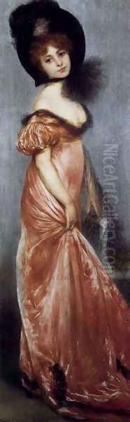 Young Girl In A Pink Dress Oil Painting by Pierre Carrier-Belleuse