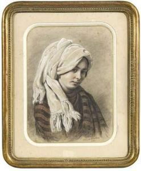 Visage D'italienne Coiffee Du Foulard Traditionnel. Oil Painting by Edouard Jean Marie Hostein