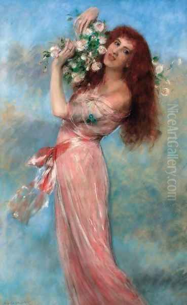 A young beauty holding a bouquet of roses Oil Painting by Pierre Carrier-Belleuse