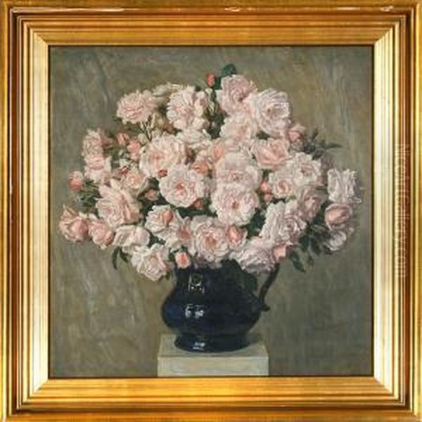 Pink Roses In A Blue Jar Oil Painting by Axel Hou