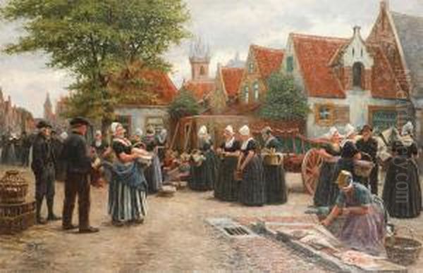 Dutch Fish Market Oil Painting by Henri Houben