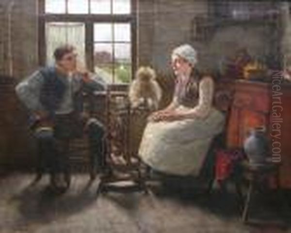 Spinster Met Jongeman In Een Interieur. Oil Painting by Henri Houben