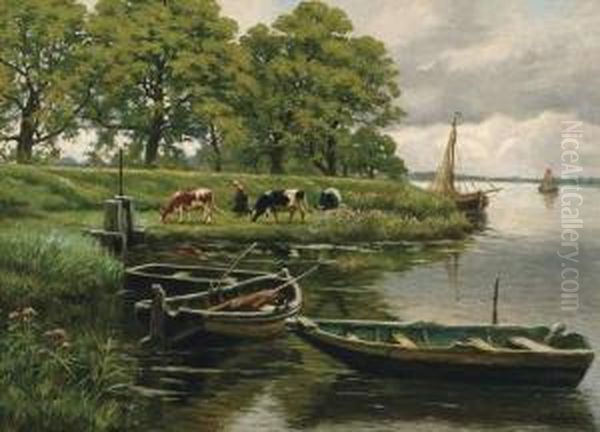 Rivieroever Metkoeienhoedster Oil Painting by Henri Houben