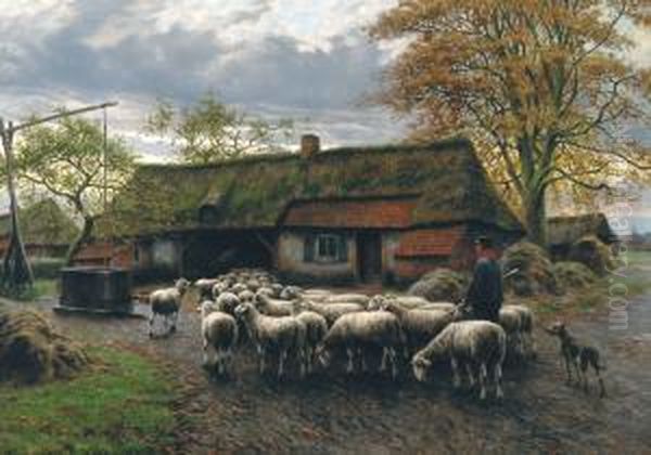 Shepherd With Herdnear The Stables Oil Painting by Henri Houben