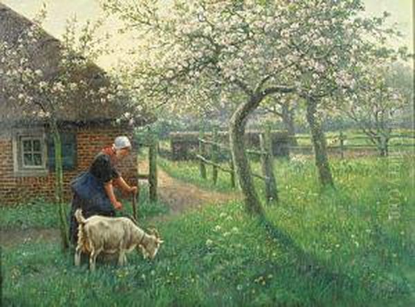 Herderin Met Geit. Oil Painting by Henri Houben