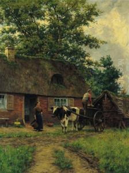 Ideal Farm Yard - Going To Market Oil Painting by Henri Houben