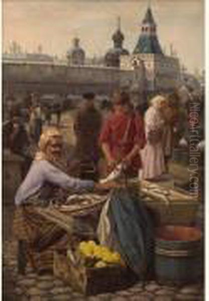 Russian Market Scene Oil Painting by Henri Houben