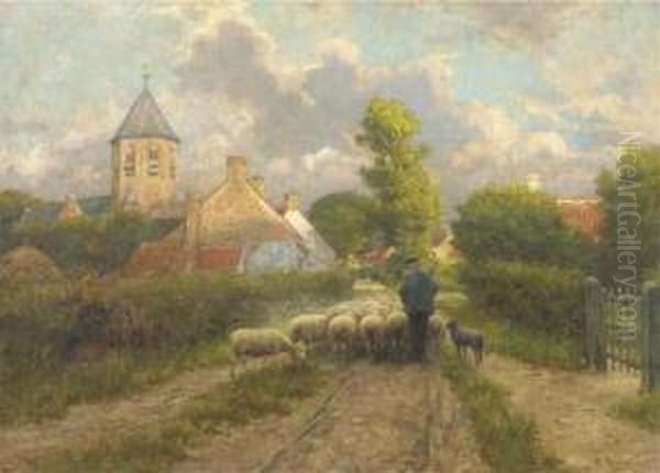 Guiding Home The Flock Oil Painting by Henri Houben