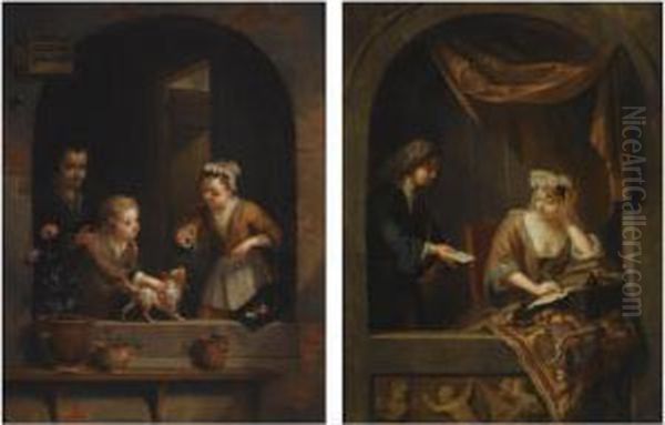 Two Young Children Playing With A Dog In A Niche, Together With Anelderly Woman Oil Painting by Arnold Houbraken