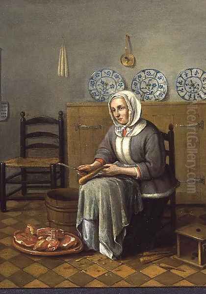 A Seated Woman preparing Food in a Kitchen Oil Painting by Franciscus Carree