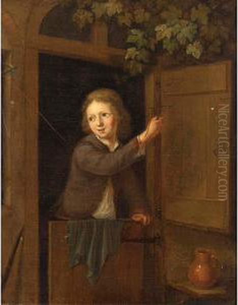 A Finch On A Fowling-line Held By A Boy Standing In A Doorway Oil Painting by Arnold Houbraken